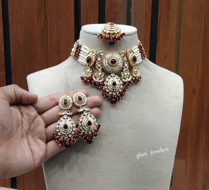 Gold Maroon Kundan necklace Set/ kundan Indian jewelry kundan Rylan sets