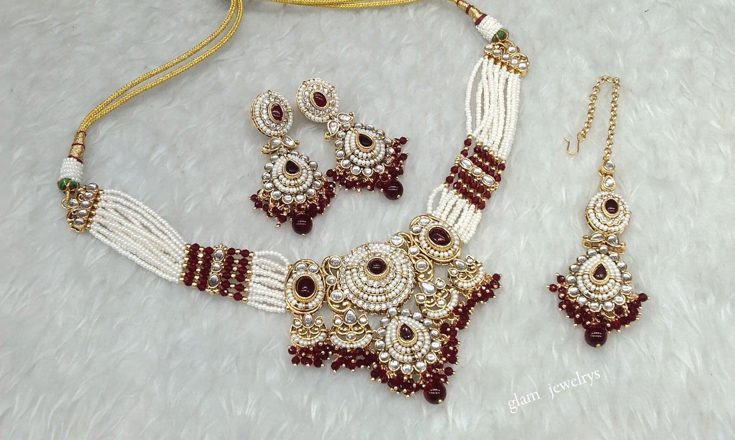Gold Maroon Kundan necklace Set/ kundan Indian jewelry kundan Rylan sets