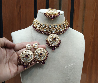 Gold Purple Kundan necklace Set/ kundan Indian jewelry kundan Lennon sets