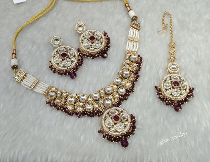 Gold Purple Kundan necklace Set/ kundan Indian jewelry kundan Lennon sets