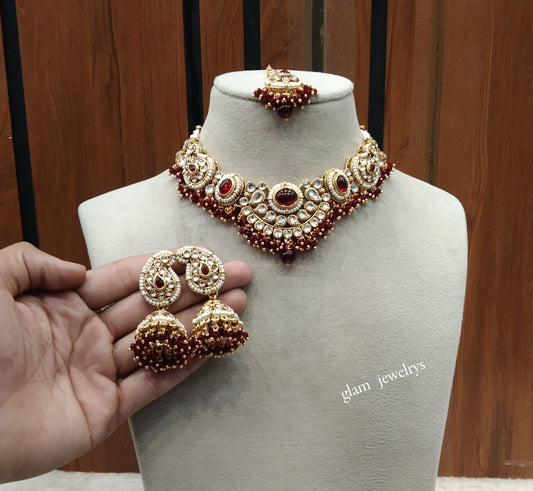 Gold Maroon Kundan necklace Set/ kundan Indian jewelry kundan Zoin sets
