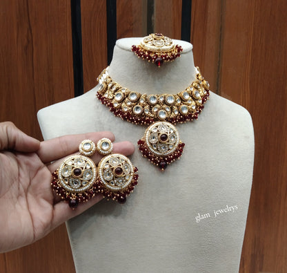 Gold Maroon Kundan necklace Set/ kundan Indian jewelry kundan Lennon sets