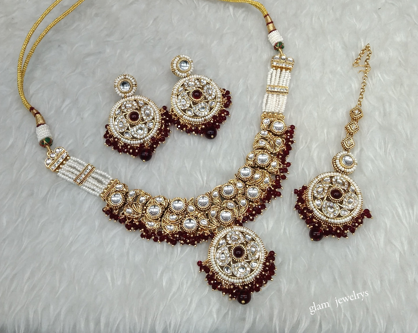 Gold Maroon Kundan necklace Set/ kundan Indian jewelry kundan Lennon sets