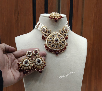 Maroon Kundan necklace Set/ kundan Indian jewelry kundan Morgan sets