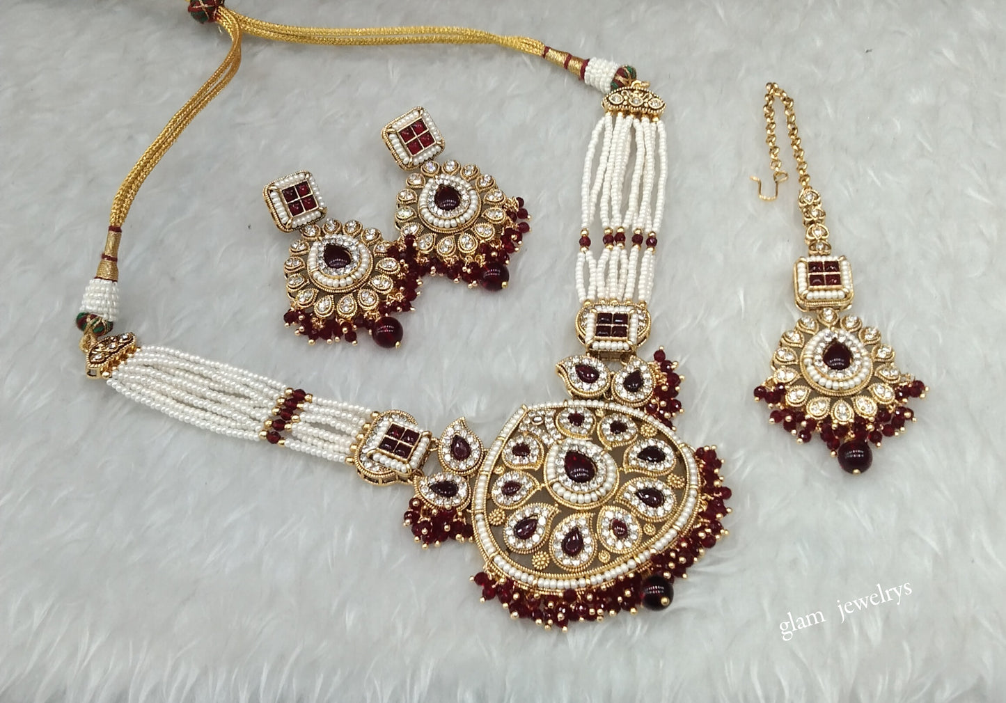Maroon Kundan necklace Set/ kundan Indian jewelry kundan Morgan sets