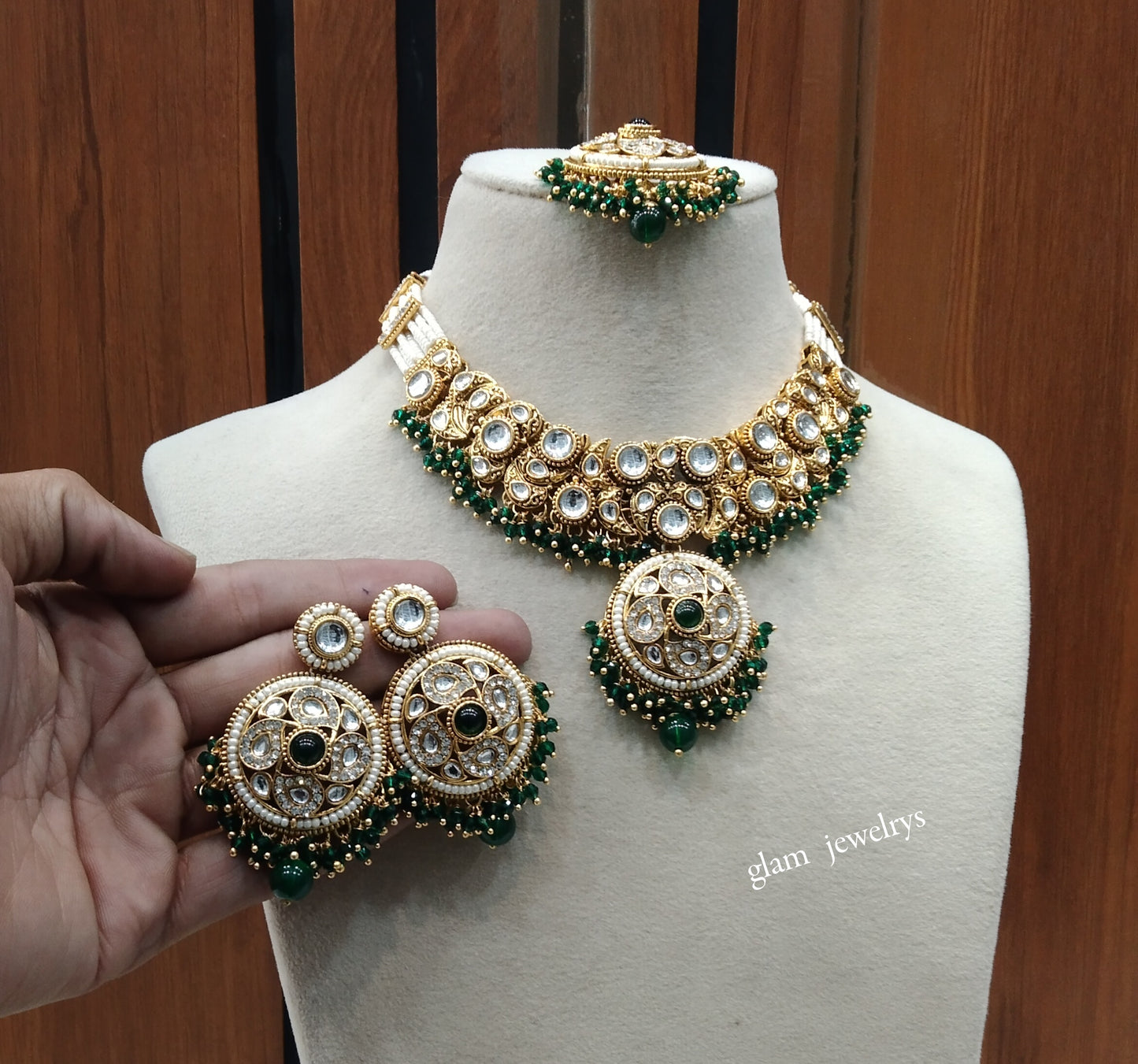 Gold Green Kundan necklace Set/ kundan Indian jewelry kundan Lennon sets