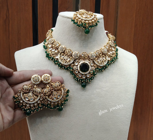 Gold Green Kundan necklace Set/ kundan Indian jewelry kundan Zoin sets