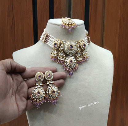 Gold Lavender Kundan necklace Set/ kundan Indian jewelry kundan Rylan sets