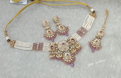 Gold Lavender Kundan necklace Set/ kundan Indian jewelry kundan Rylan sets