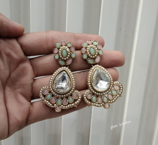 Antique Gold Mint Pink Bollywood Indian Ida Earrings