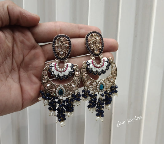 Antique Gold Blue Bollywood Indian Agnes Earrings