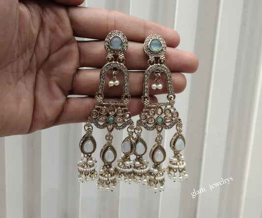 Antique Gold Sky Blue Bollywood Indian Etta Earrings