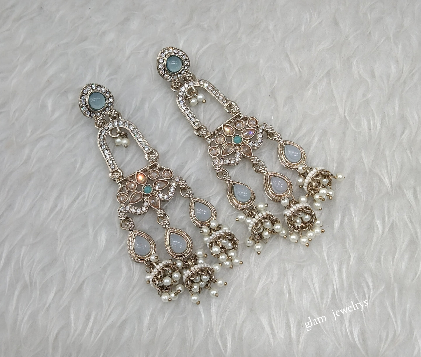 Antique Gold Sky Blue Bollywood Indian Etta Earrings