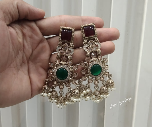Antique Gold Maroon Green Bollywood Indian Louka  Earrings