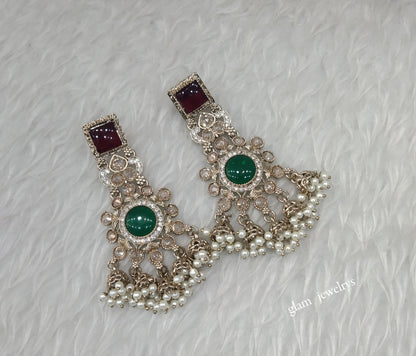 Antique Gold Maroon Green Bollywood Indian Louka  Earrings