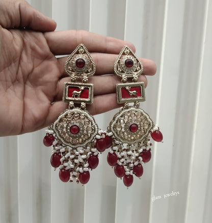 Antique Gold Maroon Bollywood Indian Lone Earrings