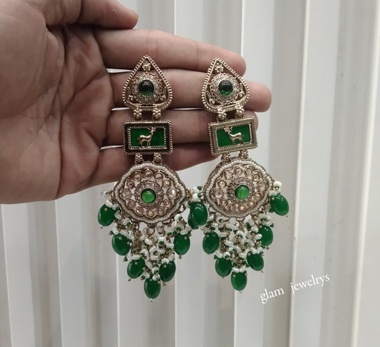 Antique Gold Green Bollywood Indian Lone Earrings