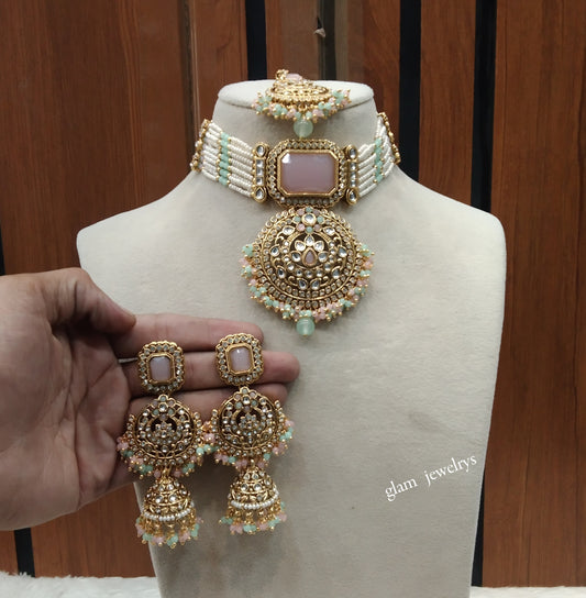 Gold Mint Pink kundan Choker Indian jewellery Petkoff sets