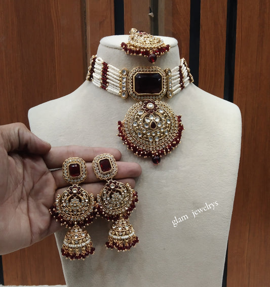 Gold Maroon kundan Choker Indian jewellery Petkoff sets