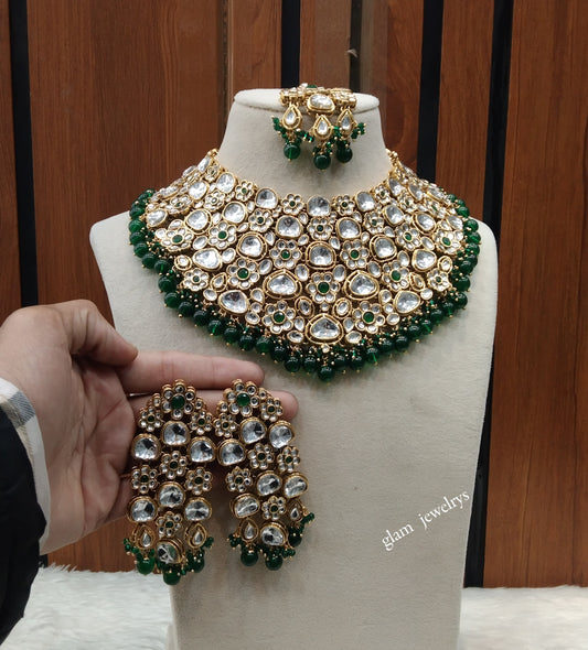 Indian Jewellery/Green Gold Semi Bridal Kundan Gifty necklace Set Indian Semi Bridal Jewellery