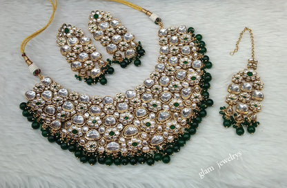Indian Jewellery/Green Gold Semi Bridal Kundan Gifty necklace Set Indian Semi Bridal Jewellery