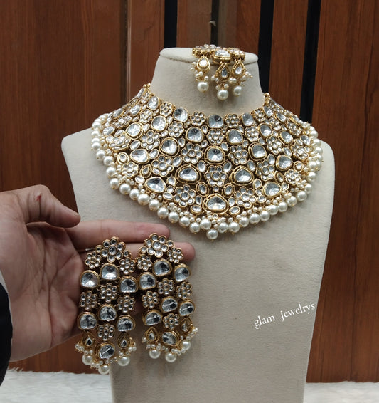 Indian Jewellery/White Gold Semi Bridal Kundan Gifty necklace Set Indian Semi Bridal Jewellery