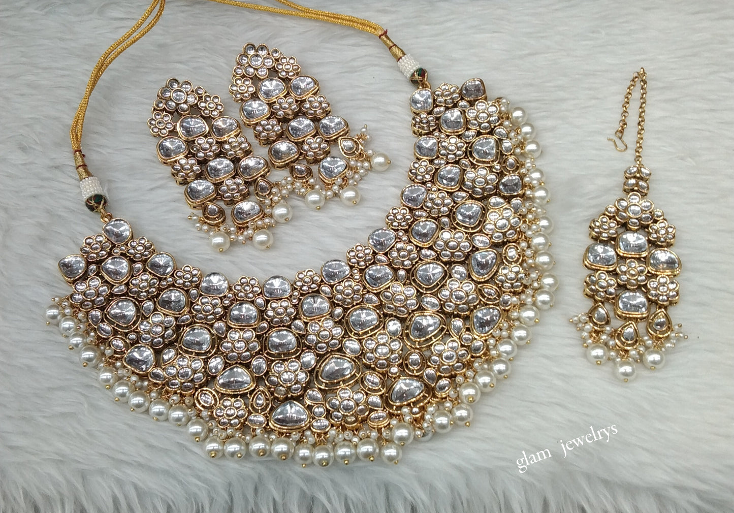 Indian Jewellery/White Gold Semi Bridal Kundan Gifty necklace Set Indian Semi Bridal Jewellery