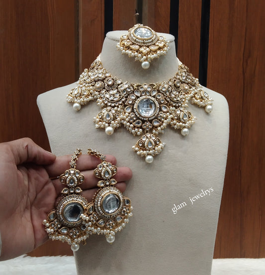 Gold White Kundan necklace Set/ kundan Indian jewellery kundan Skyler sets