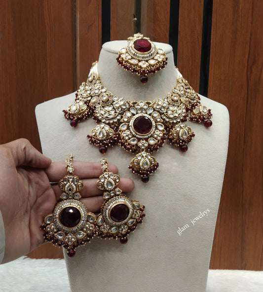 Gold Maroon Kundan necklace Set/ kundan Indian jewellery kundan Skyler sets