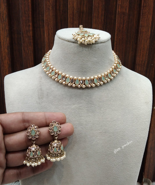 Antique Gold Mint Necklace Set/ Antique gold rani Indian Bridal Jagjeet Jewellery