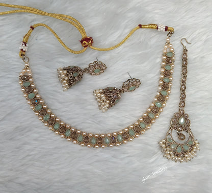 Antique Gold Mint Necklace Set/ Antique gold rani Indian Bridal Jagjeet Jewellery