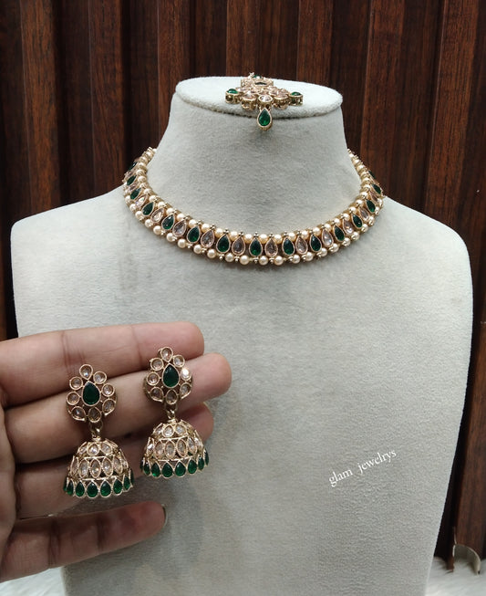 Antique Gold Green Necklace Set/ Antique gold rani Indian Bridal Jagjeet Jewellery