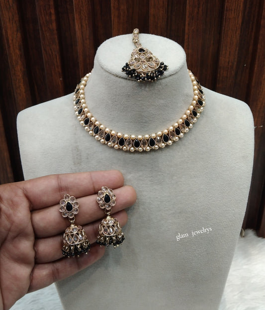 Antique Gold Black Necklace Set/ Antique gold rani Indian Bridal Jagjeet Jewellery