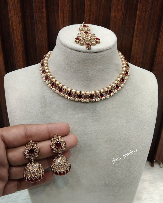 Antique Gold Maroon Necklace Set/ Antique gold rani Indian Bridal Jagjeet Jewellery