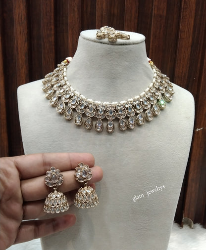 Antique Gold White Necklace Set/ Antique gold rani Indian Bridal Lovedeep Jewellery