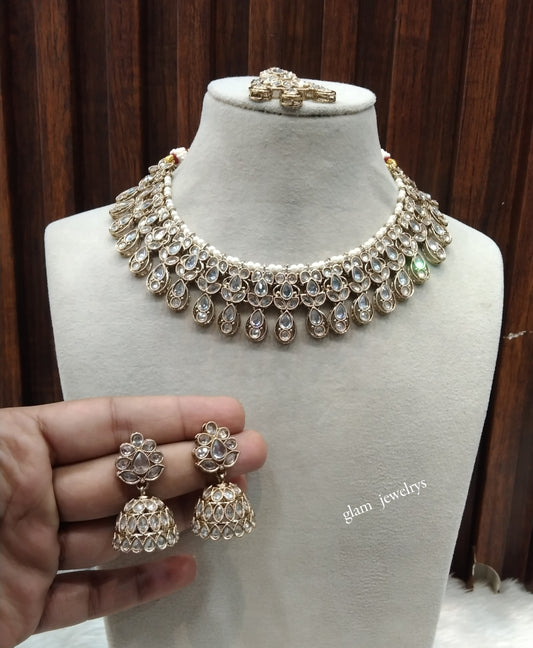 Antique Gold White Necklace Set/ Antique gold rani Indian Bridal Lovedeep Jewellery