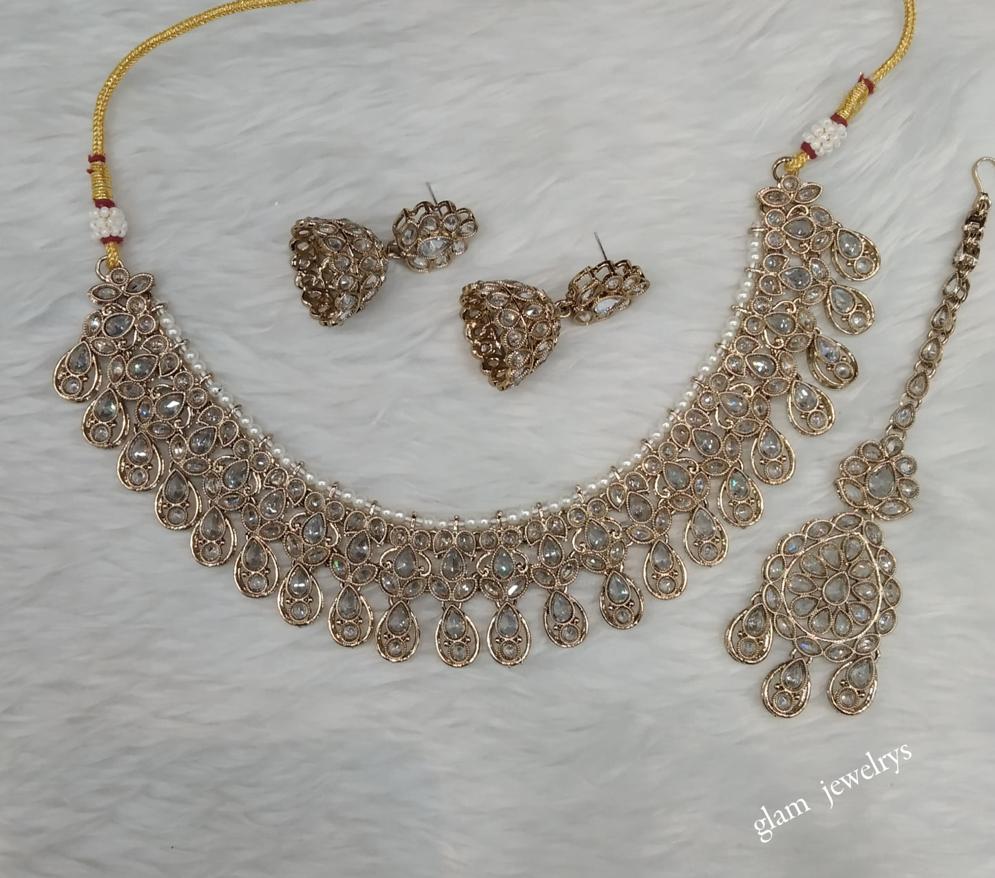 Antique Gold White Necklace Set/ Antique gold rani Indian Bridal Lovedeep Jewellery