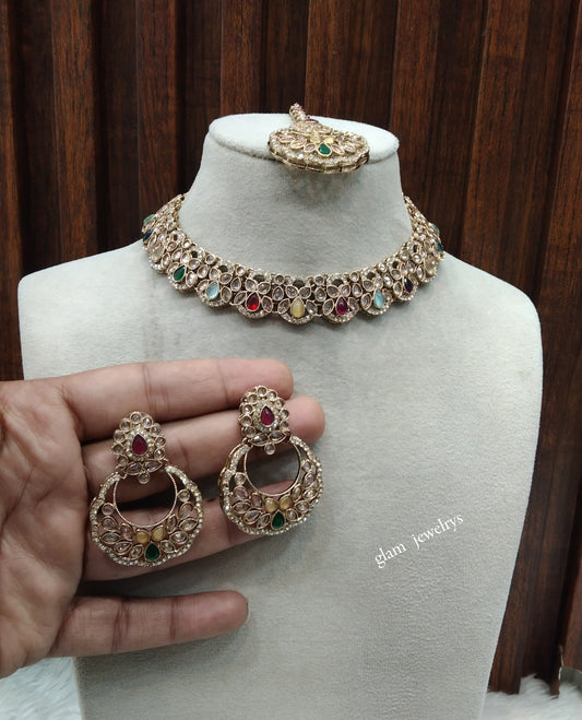 Antique Gold Multi Color Necklace Set/ Antique gold rani Indian Bridal Lovedeep Jewellery