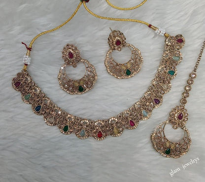Antique Gold Multi Color Necklace Set/ Antique gold rani Indian Bridal Lovedeep Jewellery