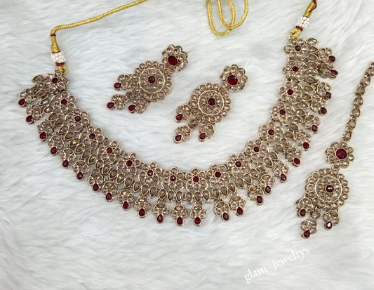 Antique Gold Maroon Necklace Set/ Antique gold Indian Bridal Ishu Jewellery