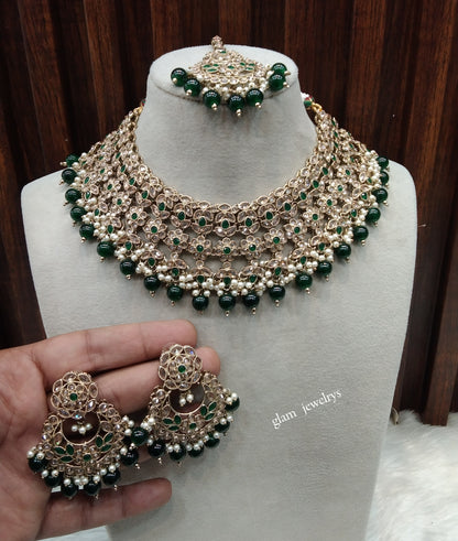 Antique Gold Green Necklace Set/ Antique gold rani Indian Bridal Japleen Jewellery