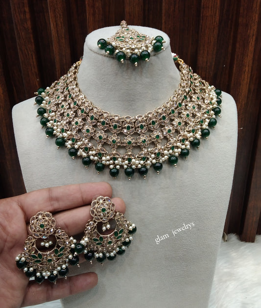 Antique Gold Green Necklace Set/ Antique gold rani Indian Bridal Japleen Jewellery