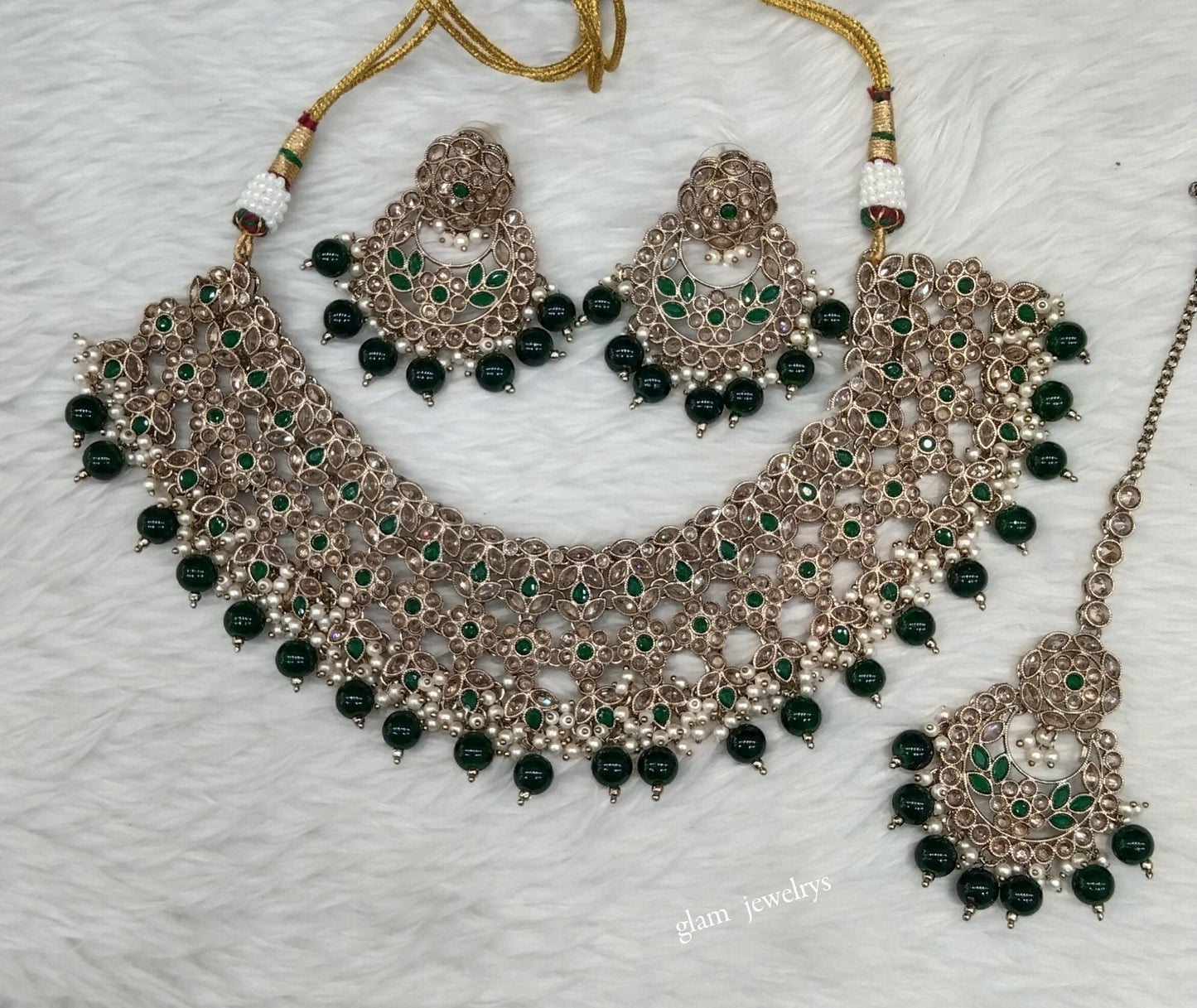 Antique Gold Green Necklace Set/ Antique gold rani Indian Bridal Japleen Jewellery