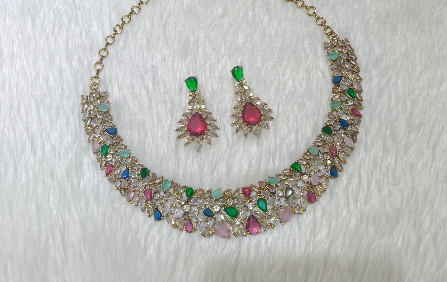 Antique Multi Color American Diamond AD Sona Necklace Set /Indian Necklace Heroin Set