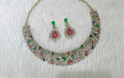 Antique Multi Color American Diamond AD Sona Necklace Set /Indian Necklace Heroin Set