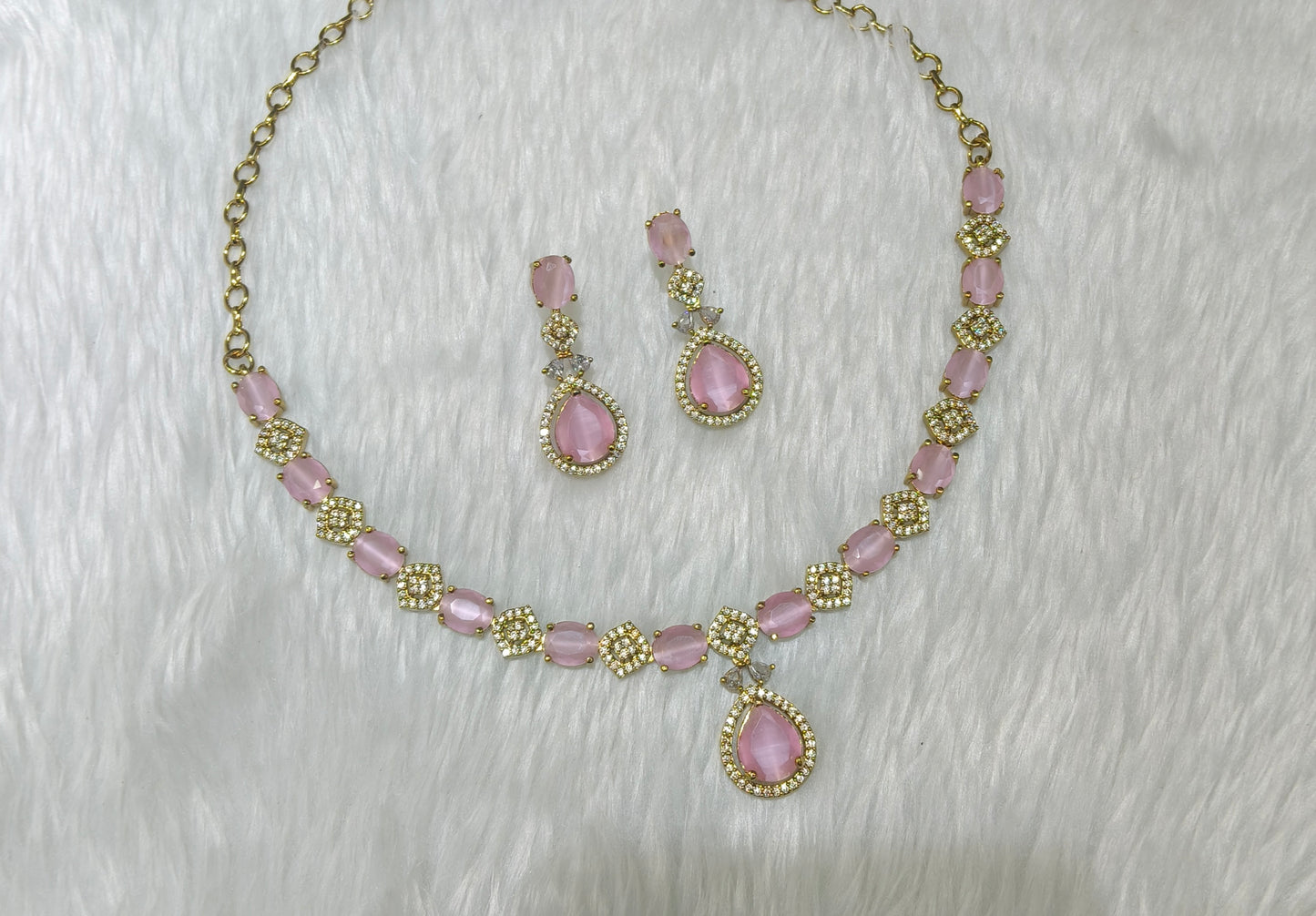 Antique Pink American Diamond AD Sona Necklace Set /Indian Necklace Jasika Set