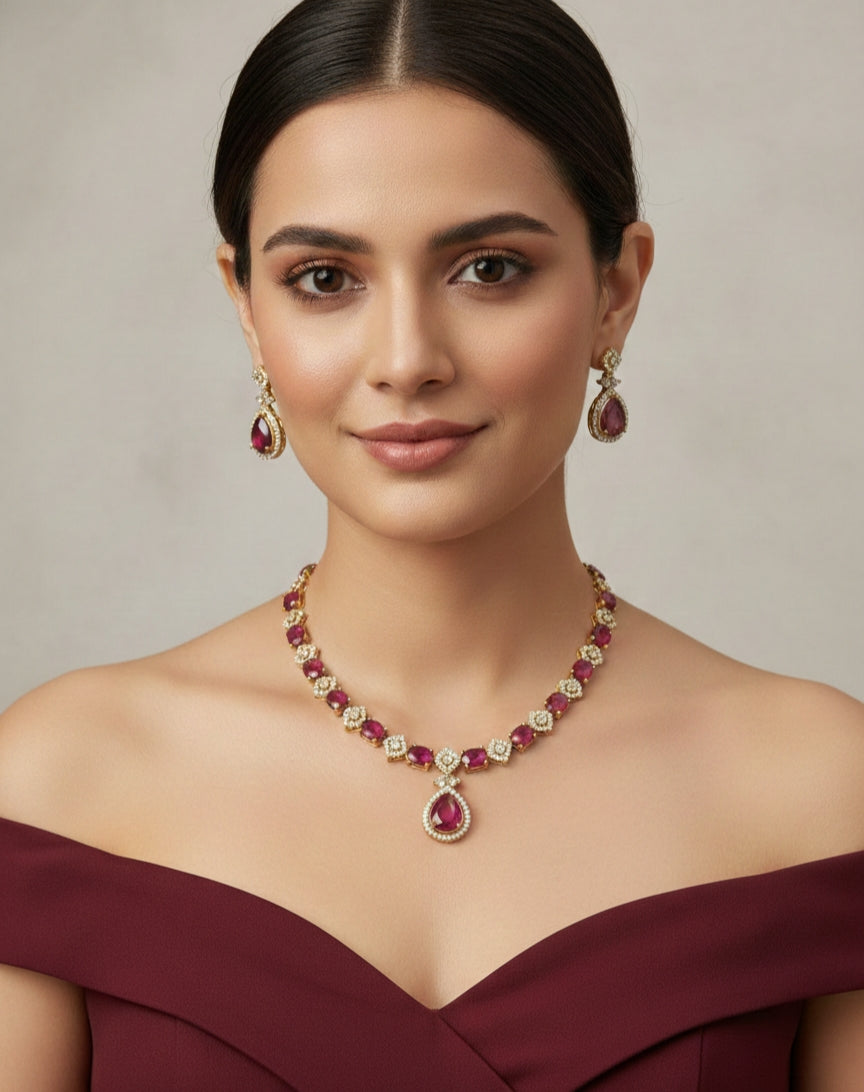 Antique Ruby American Diamond AD Sona Necklace Set /Indian Necklace Jasika Set