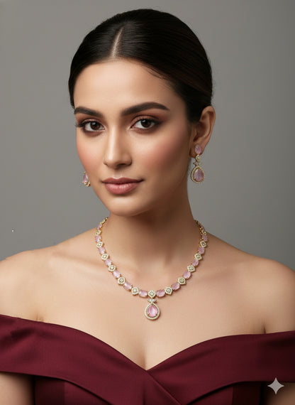 Antique Pink American Diamond AD Sona Necklace Set /Indian Necklace Jasika Set