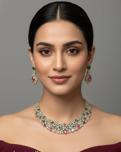 Antique Multi Color American Diamond AD Sona Necklace Set /Indian Necklace Heroin Set