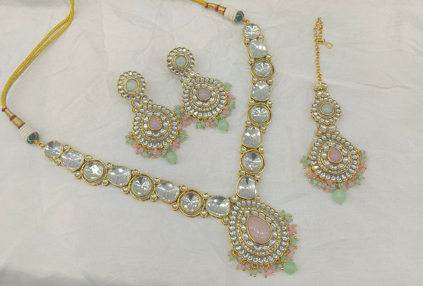 Mint Pink Kundan necklace Set/ kundan Indian jewellery kundan Gauri sets